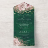 Invitation Tout En Un Roses d'aquarelle romantique sur Emerald Green (À l'intérieur)