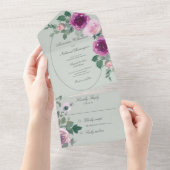 Invitation Tout En Un Roses d'aquarelle rose et bordeaux sur Sage Green (Déchirure)