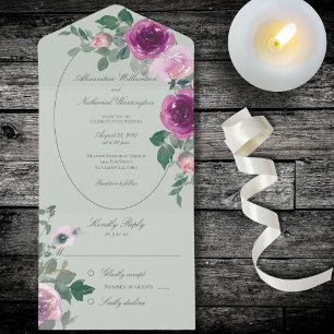 Invitation Tout En Un Roses d'aquarelle rose et bordeaux sur Sage Green