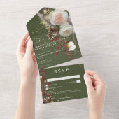 Invitation Tout En Un Roses d'hiver modernes et baies rouges Vert Pas de (Déchirure)