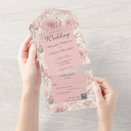 Invitation Tout En Un Roses floues avec code QR (Déchirure)