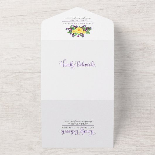 Invitation Tout En Un Roses jaunes | Violets Boho Floral Mariage (Dehors)