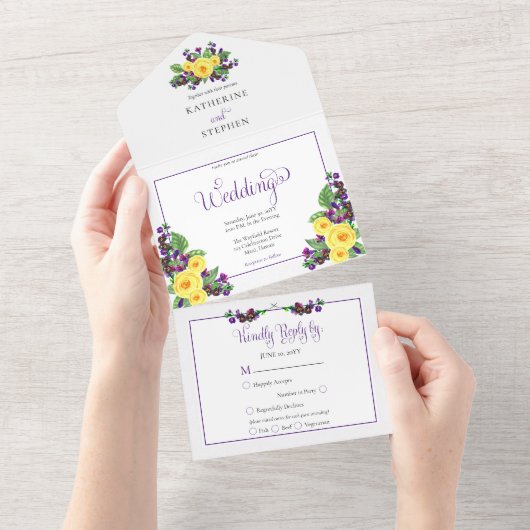 Invitation Tout En Un Roses jaunes | Violets Boho Floral Mariage (Déchirure)