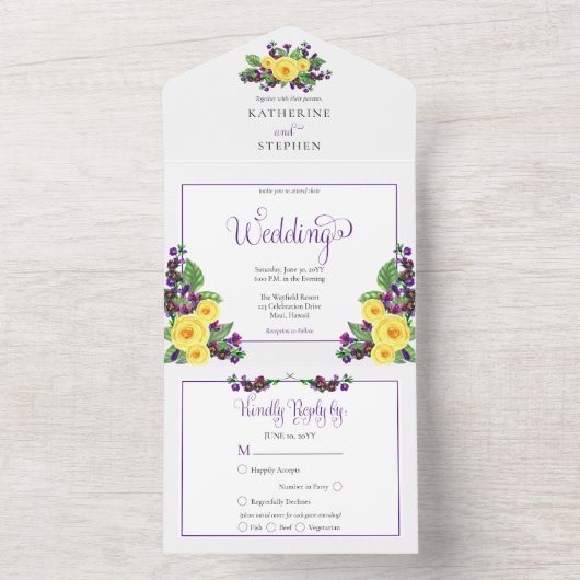 Invitation Tout En Un Roses jaunes | Violets Boho Floral Mariage (À l'intérieur)