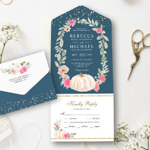 Invitation Tout En Un Roses rose bleu foncé Mariage Citrouille blanc