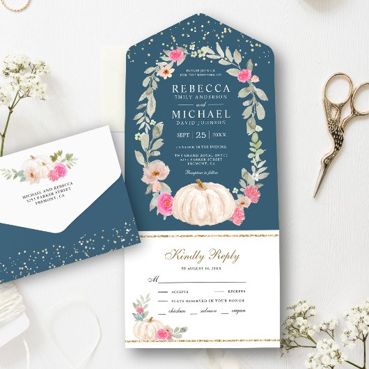Invitation Tout En Un Roses rose bleu foncé Mariage Citrouille blanc