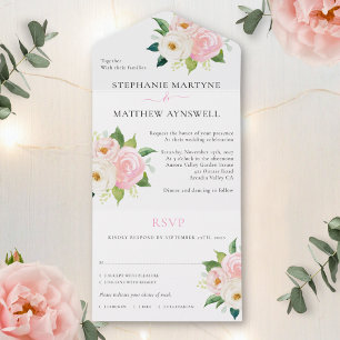 Invitation Tout En Un Roses rose pâle Mariage Floral moderne