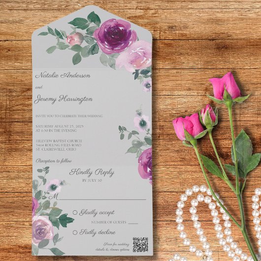 Invitation Tout En Un Roses roses et fuchsia sur gris QR Code