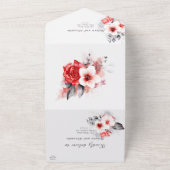 Invitation Tout En Un Roses rouges et fleurs blanches élégant mariage mo (Dehors)