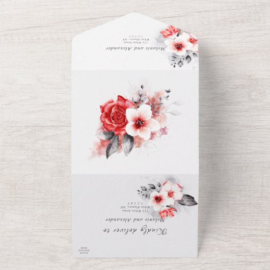 Invitation Tout En Un Roses rouges et fleurs blanches élégant mariage mo (Dehors)