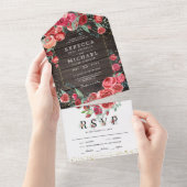 Invitation Tout En Un Roses rouges modernes Floral Grange Bois Mariage (Déchirure)