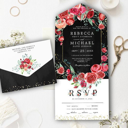 Invitation Tout En Un Roses rouges modernes Floral Mariage noir