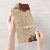 Invitation Tout En Un Roses rouges sur Mariage de papier parchemin rusti (Déchirure)