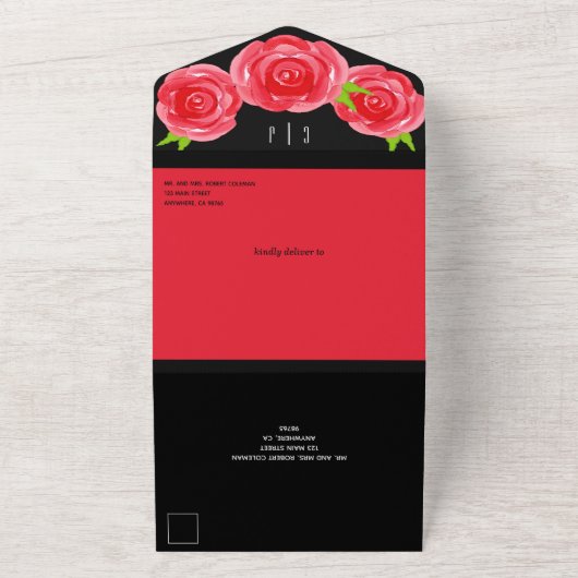 Invitation Tout En Un Roses rouges sur Mariage noir (Dehors)