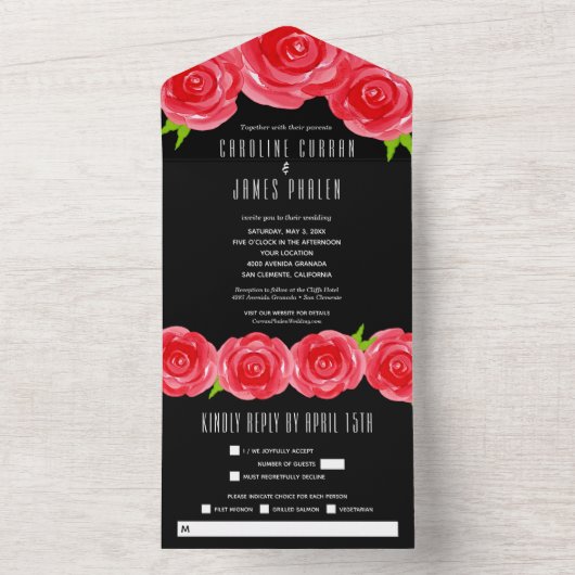 Invitation Tout En Un Roses rouges sur Mariage noir (À l'intérieur)