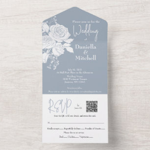 Invitation Tout En Un Roses sur Dusty Blue tout en un mariage Inviter