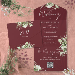Invitation Tout En Un Rosewood Rose Fleurs QR Code Monogramme Mariage
