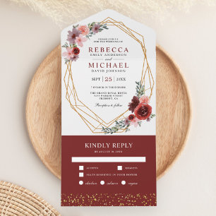 Invitation Tout En Un Rouge Bourgogne Fard Rose Floral Cadre Doré Mariag