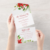 Invitation Tout En Un Rouge clair Vert Noël Poinsettia Mariage (Déchirure)