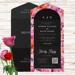 Invitation Tout En Un Rouge et rose Pavot Floral Dark QR Code Mariage de
