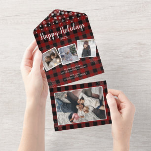 Invitation Tout En Un Rouge plaid Noël 4 photos toutes en une seule cart