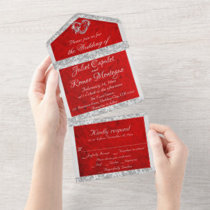 Invitation Tout En Un Rouge romantique, ruban & Parties scintillant Bord