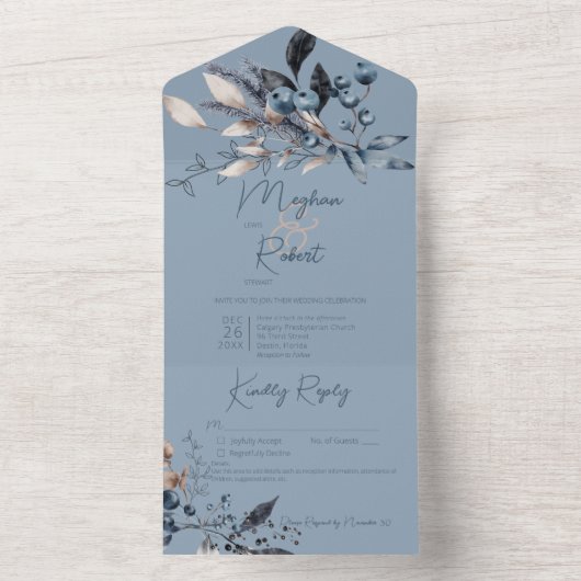 Invitation Tout En Un Rouge rustique - Bleu hiver Détails (À l'intérieur)