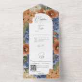 Invitation Tout En Un Rouge rustique et rouille orange brûlé Code QR flo (À l'intérieur)