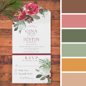 Invitation Tout En Un Rouge rustique et vert Pin d'hiver Floral QR Code