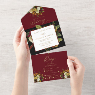 Invitation Tout En Un Rouge rustique   Orange Floral Bouquet Mariage