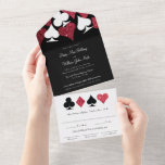 Invitation Tout En Un Rouge sur Black Faux Parties scintillant Las Vegas<br><div class="desc">Ce tout en un faire-part de mariage pratique dispose d'une typographie élégante et d'un graphisme d'accent de costumes de cartes à jouer en parties scintillant blanche et rouge cerise. Parfait pour un mariage de Las Vegas dans une petite chapelle au large de la bande, tout ce dont vous avez besoin...</div>