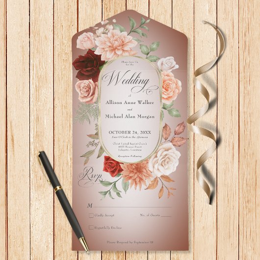 Invitation Tout En Un Rouille Boho Rustique Pêche Florale Ovale Rouille 