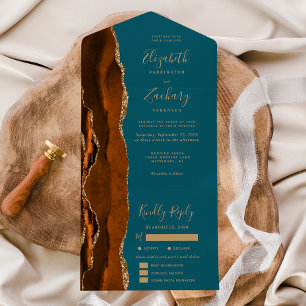 Invitation Tout En Un Rouille Gold Agate Turquoise Blue Repas Options Ma