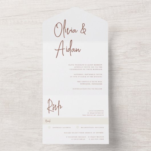 Invitation Tout En Un Rouille | Mariage de script manuscrit moderne (À l'intérieur)