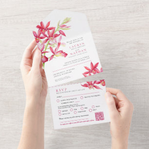 Invitation Tout En Un Rouleau d'orchidée à bijou rouge mariage RSVP QR