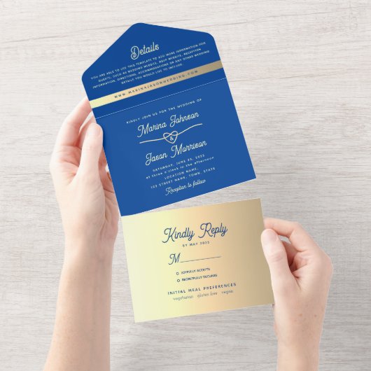 Invitation Tout En Un Royal Blue Gold Mariage (Déchirure)