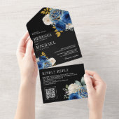 Invitation Tout En Un Royal Blue Roses Floral QR Code Black Wedding (Déchirure)