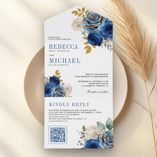 Invitation Tout En Un Royal Blue Roses Floral QR Code Wedding