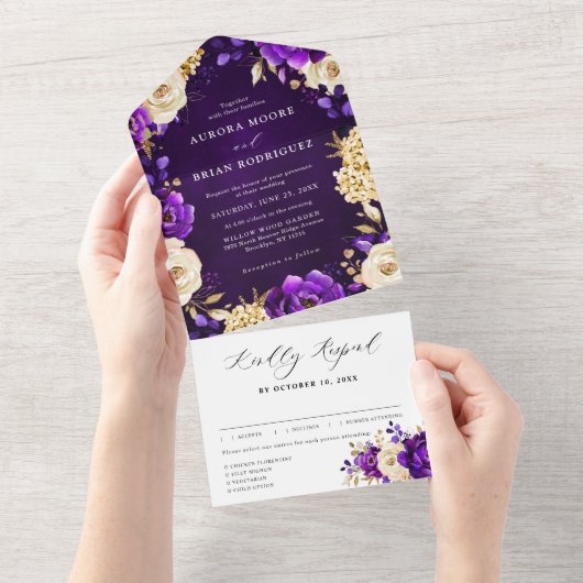 Invitation Tout En Un Royal violet violet or Floral Mariage botanique (Déchirure)