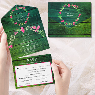 Invitation Tout En Un RSVP Mariage Champêtre Bois Vert Rustique Fleurs R