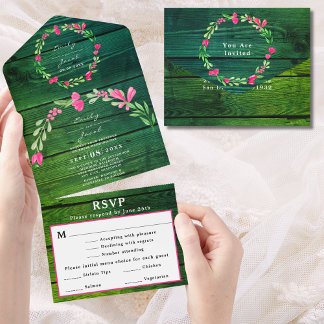 Invitation Tout En Un RSVP Mariage Champêtre Bois Vert Rustique Fleurs R