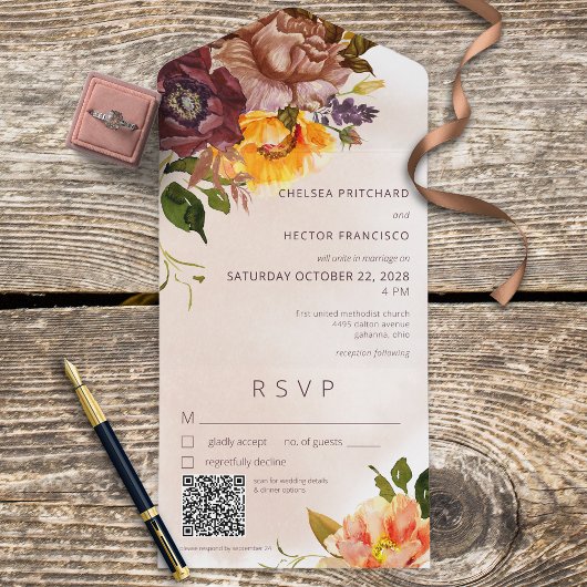 Invitation Tout En Un Russe Automne Bourgogne et jaune Floral Tan QR Cod