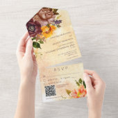 Invitation Tout En Un Russe Automne Bourgogne Jaune Floral Jaune Code QR (Déchirure)