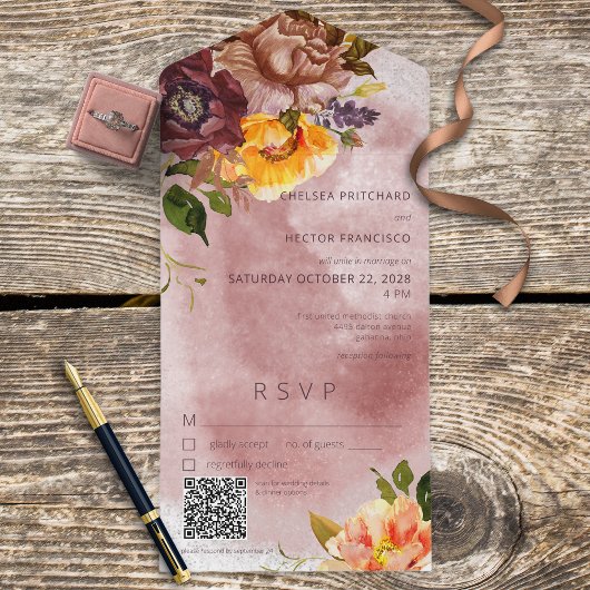 Invitation Tout En Un Russe Automne Bourgogne Jaune Vin Floral Code QR
