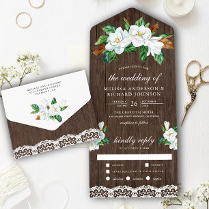 Invitation Tout En Un Russe blanc Magnolia Floral Grange Mariage en bois