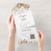 Invitation Tout En Un Russe Boho Automne Fleur sauvage Blanc QR Code (Déchirure)