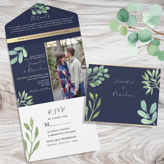 Invitation Tout En Un Russe Eucalyptus Mariage bleu marine