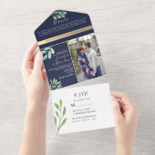 Invitation Tout En Un Russe Eucalyptus Mariage bleu marine (Déchirure)