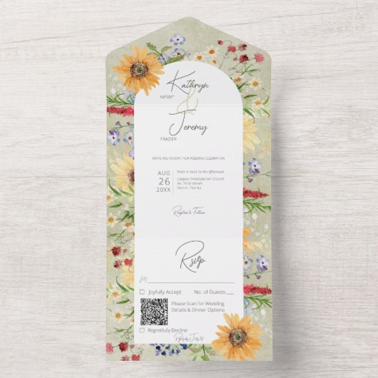 Invitation Tout En Un Russe Fleur sauvage d'été Sunflower Sage QR Code (À l'intérieur)