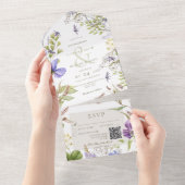 Invitation Tout En Un Russe Fleur sauvage Lavande blanc QR Code (Déchirure)